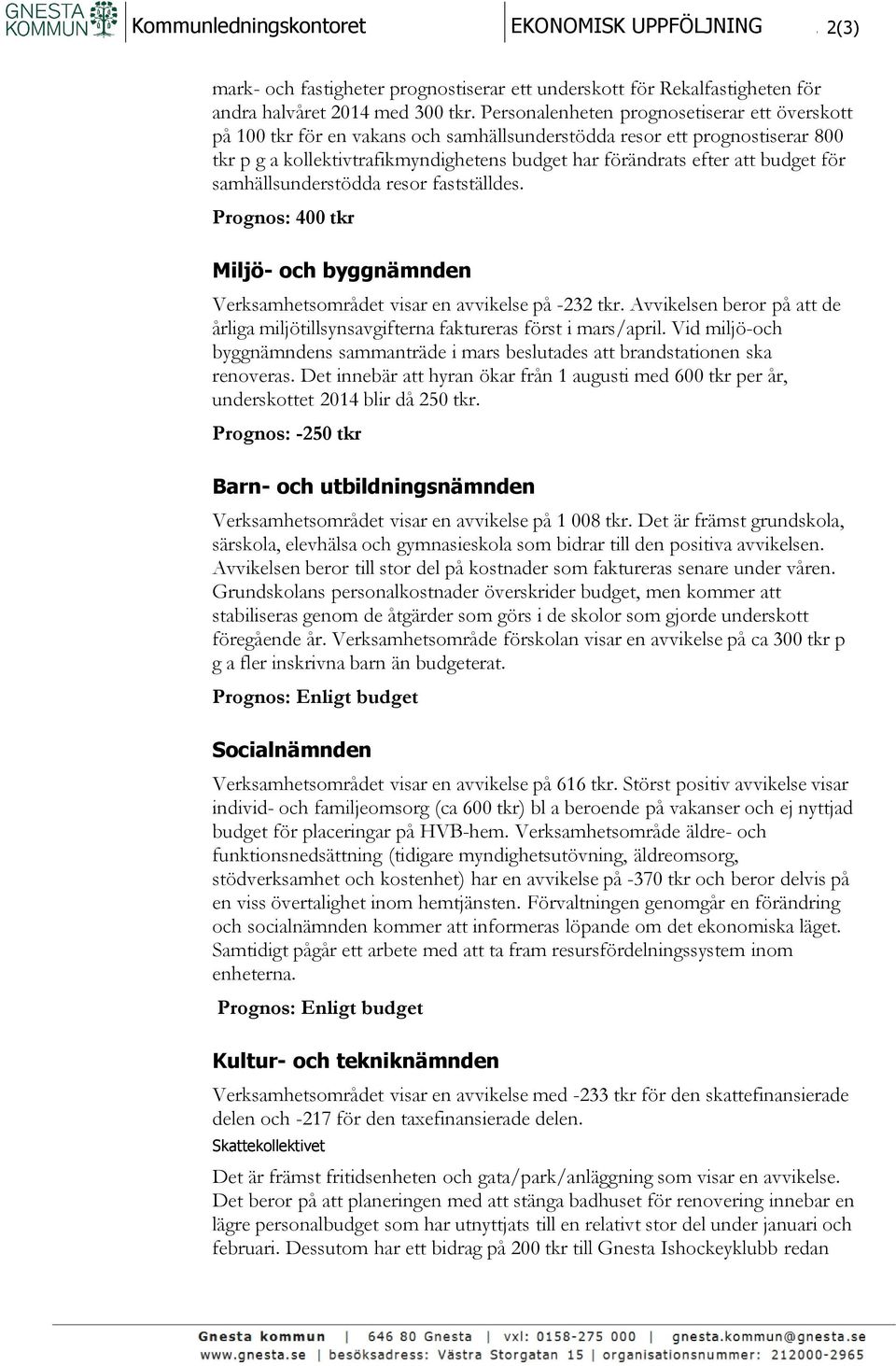 budget för samhällsunderstödda resor fastställdes. Prognos: 400 tkr Miljö- och byggnämnden Verksamhetsområdet visar en avvikelse på -232 tkr.