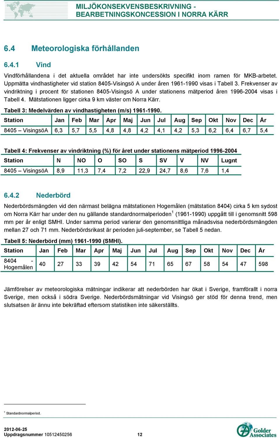 Frekvenser av vindriktning i procent för stationen 8405-Visingsö A under stationens mätperiod åren 1996-2004 visas i Tabell 4. Mätstationen ligger cirka 9 km väster om Norra Kärr.