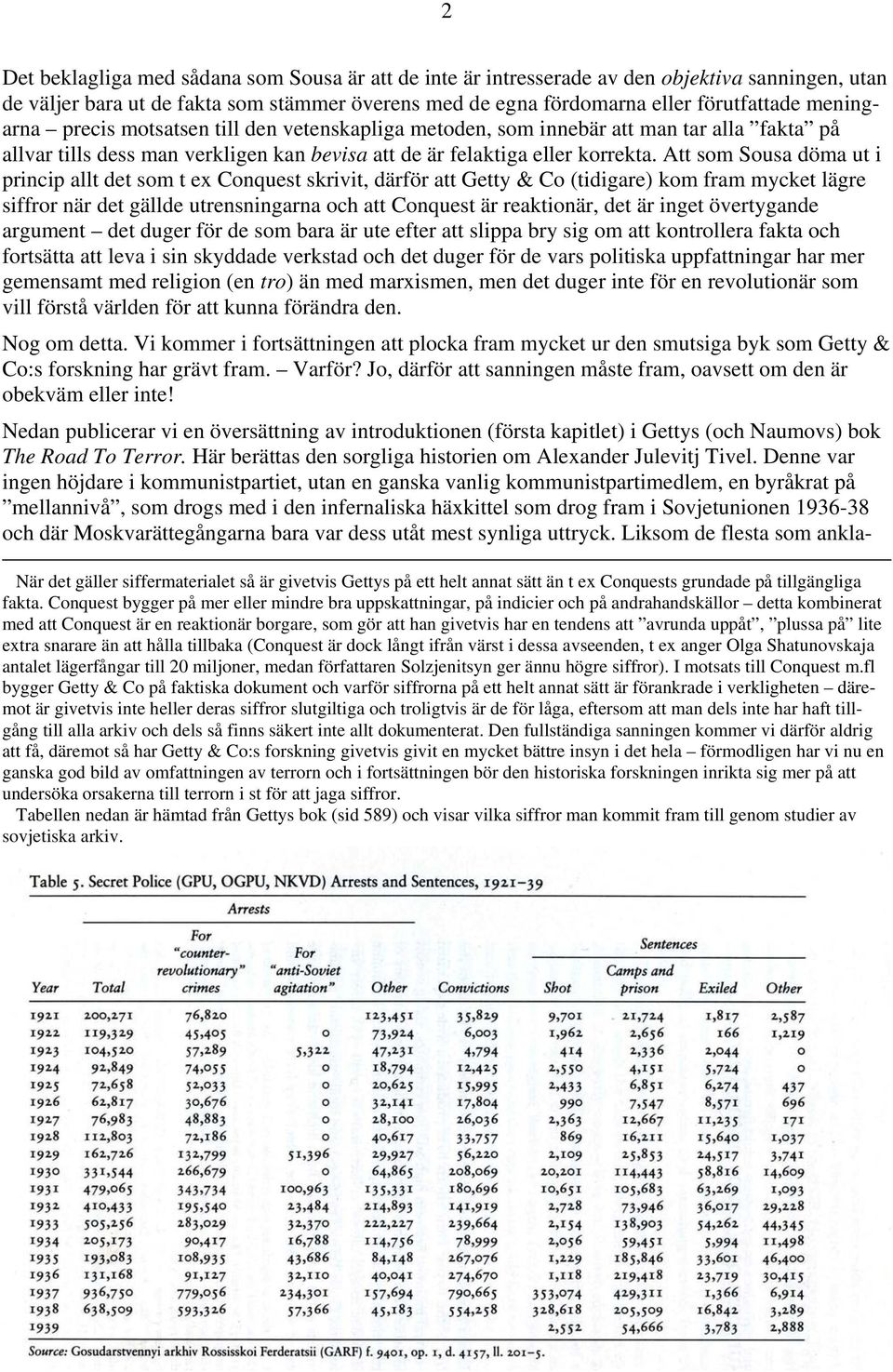 Att som Sousa döma ut i princip allt det som t ex Conquest skrivit, därför att Getty & Co (tidigare) kom fram mycket lägre siffror när det gällde utrensningarna och att Conquest är reaktionär, det är