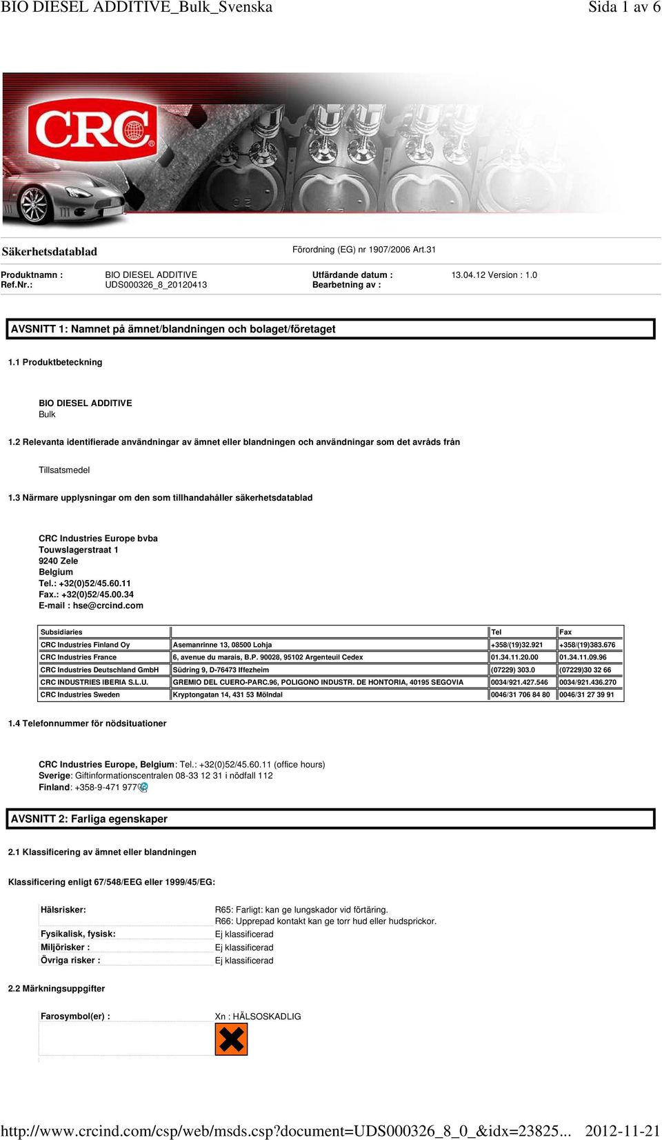 2 Relevanta identifierade användningar av ämnet eller blandningen och användningar som det avråds från Tillsatsmedel 1.