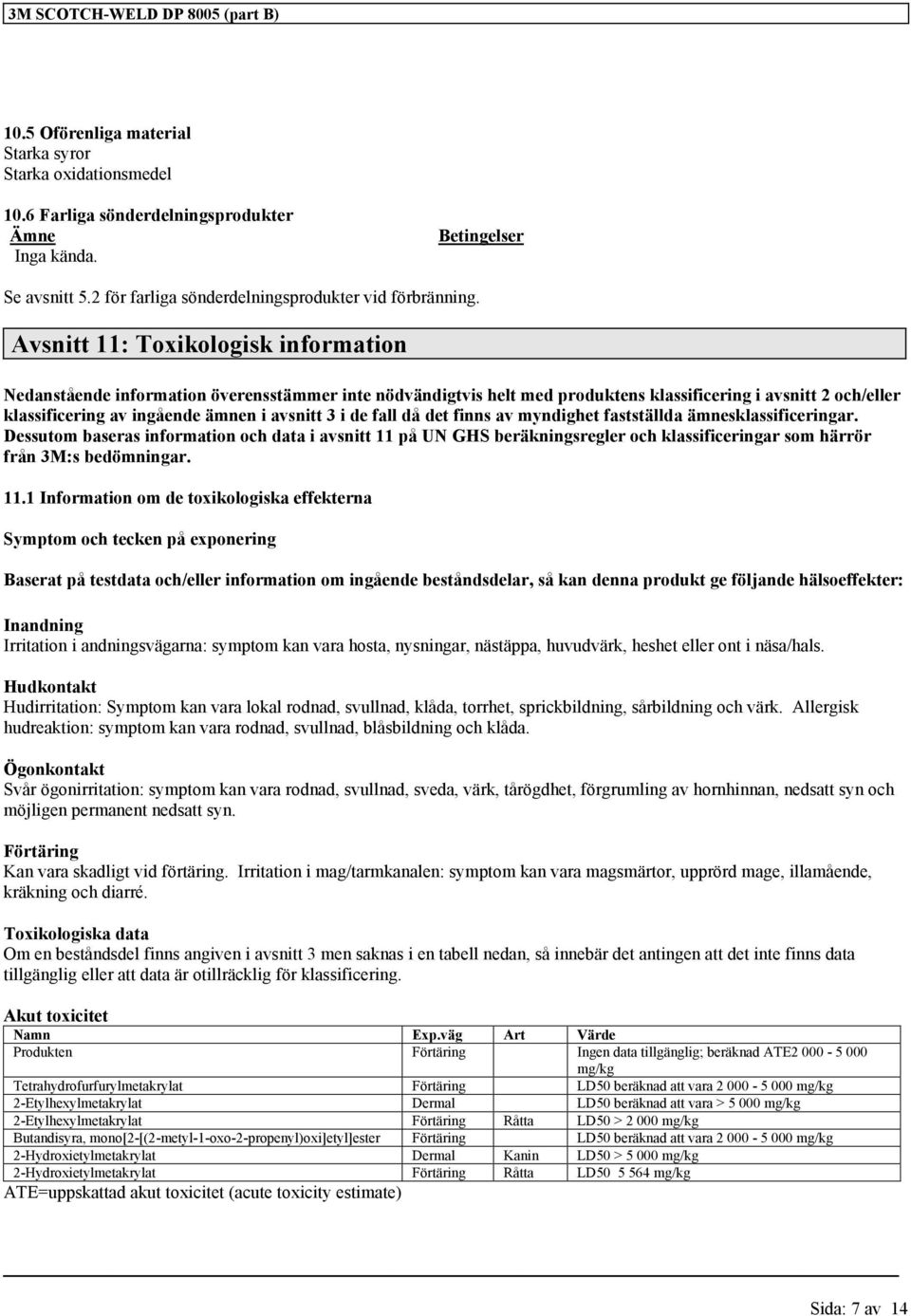 Avsnitt 11: Toxikologisk information Nedanstående information överensstämmer inte nödvändigtvis helt med produktens klassificering i avsnitt 2 och/eller klassificering av ingående ämnen i avsnitt 3 i