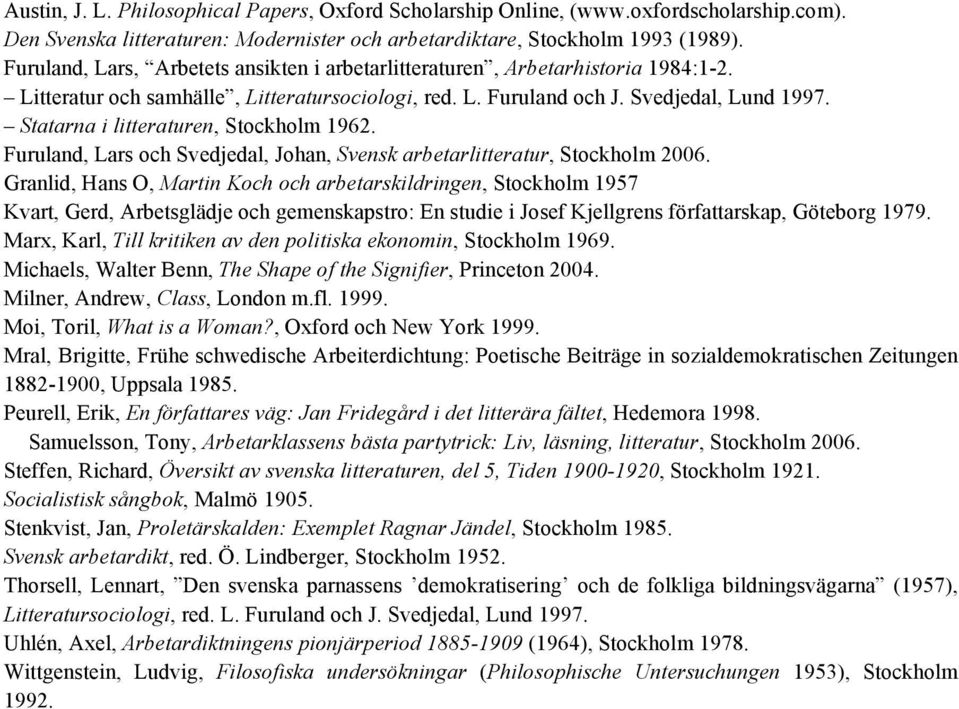 Statarna i litteraturen, Stockholm 1962. Furuland, Lars och Svedjedal, Johan, Svensk arbetarlitteratur, Stockholm 2006.