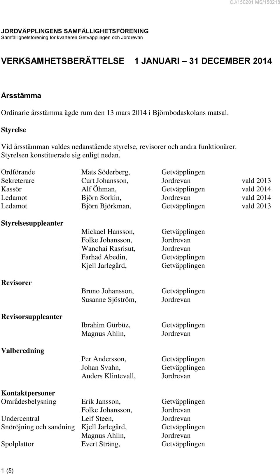 Ordförande Mats Söderberg, Sekreterare Curt Johansson, vald 2013 Kassör Alf Öhman, vald 2014 Ledamot Björn Sorkin, vald 2014 Ledamot Björn Björkman, vald 2013 Styrelsesuppleanter Revisorer