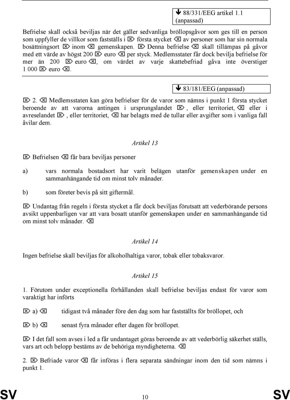 bosättningsort inom gemenskapen. Denna befrielse skall tillämpas på gåvor med ett värde av högst 200 euro per styck.