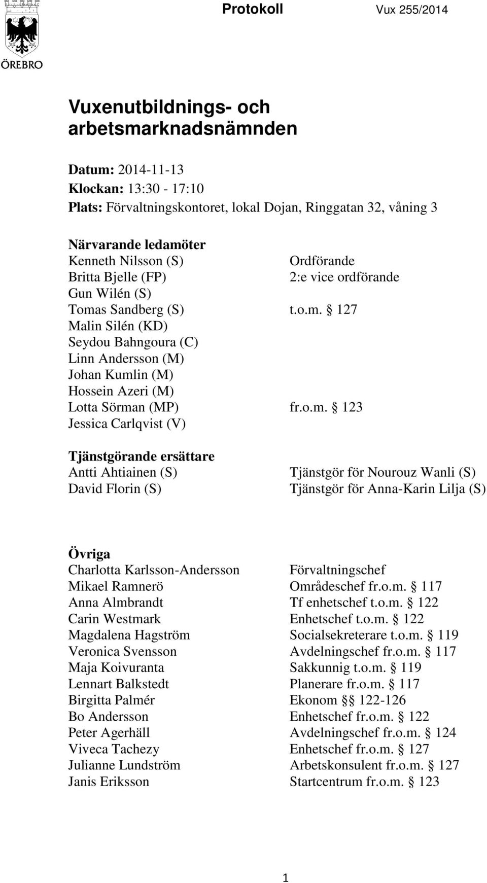 o.m. 123 Jessica Carlqvist (V) Tjänstgörande ersättare Antti Ahtiainen (S) David Florin (S) Tjänstgör för Nourouz Wanli (S) Tjänstgör för Anna-Karin Lilja (S) Övriga Charlotta Karlsson-Andersson