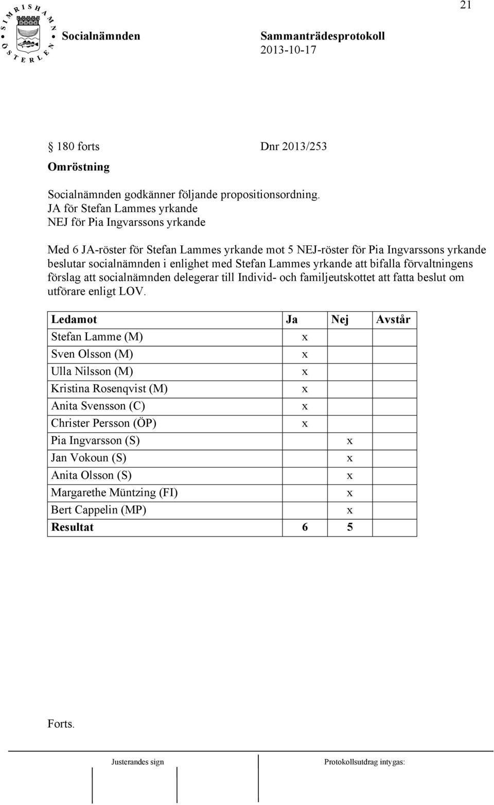 socialnämnden i enlighet med Stefan Lammes yrkande att bifalla förvaltningens förslag att socialnämnden delegerar till Individ- och familjeutskottet att fatta beslut om