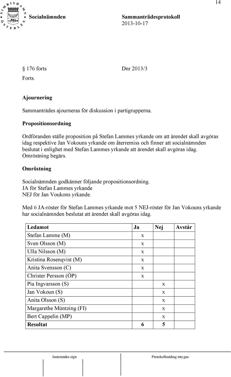 enlighet med Stefan Lammes yrkande att ärendet skall avgöras idag. Omröstning begärs. Omröstning godkänner följande propositionsordning. JA för Stefan Lammes yrkande NEJ för Jan Voukons yrkande.