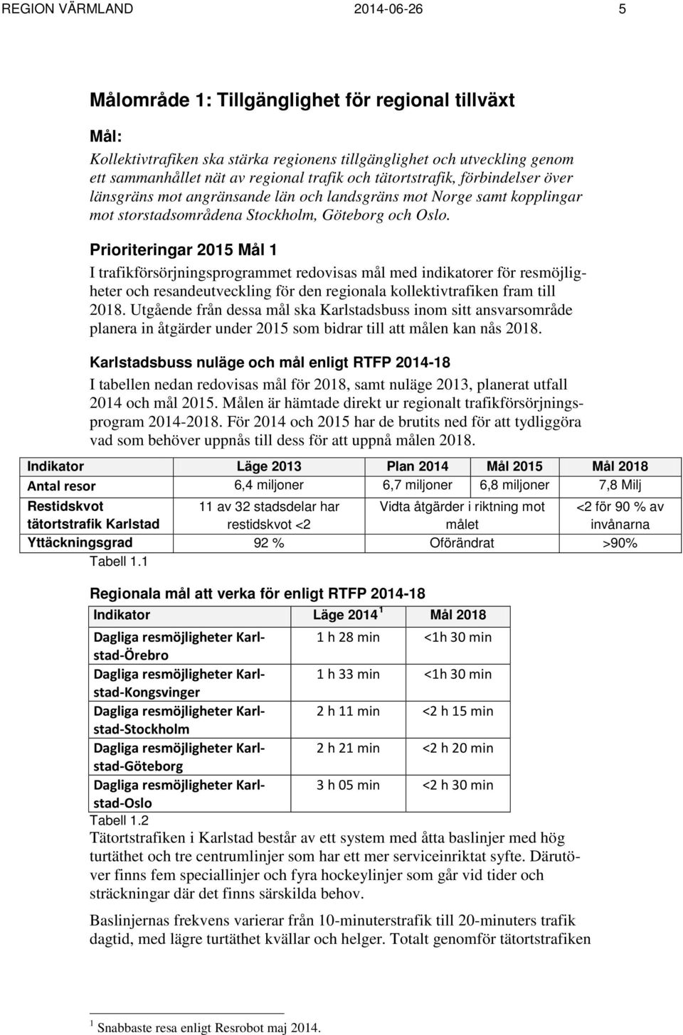 Prioriteringar 2015 Mål 1 I trafikförsörjningsprogrammet redovisas mål med indikatorer för resmöjligheter och resandeutveckling för den regionala kollektivtrafiken fram till 2018.