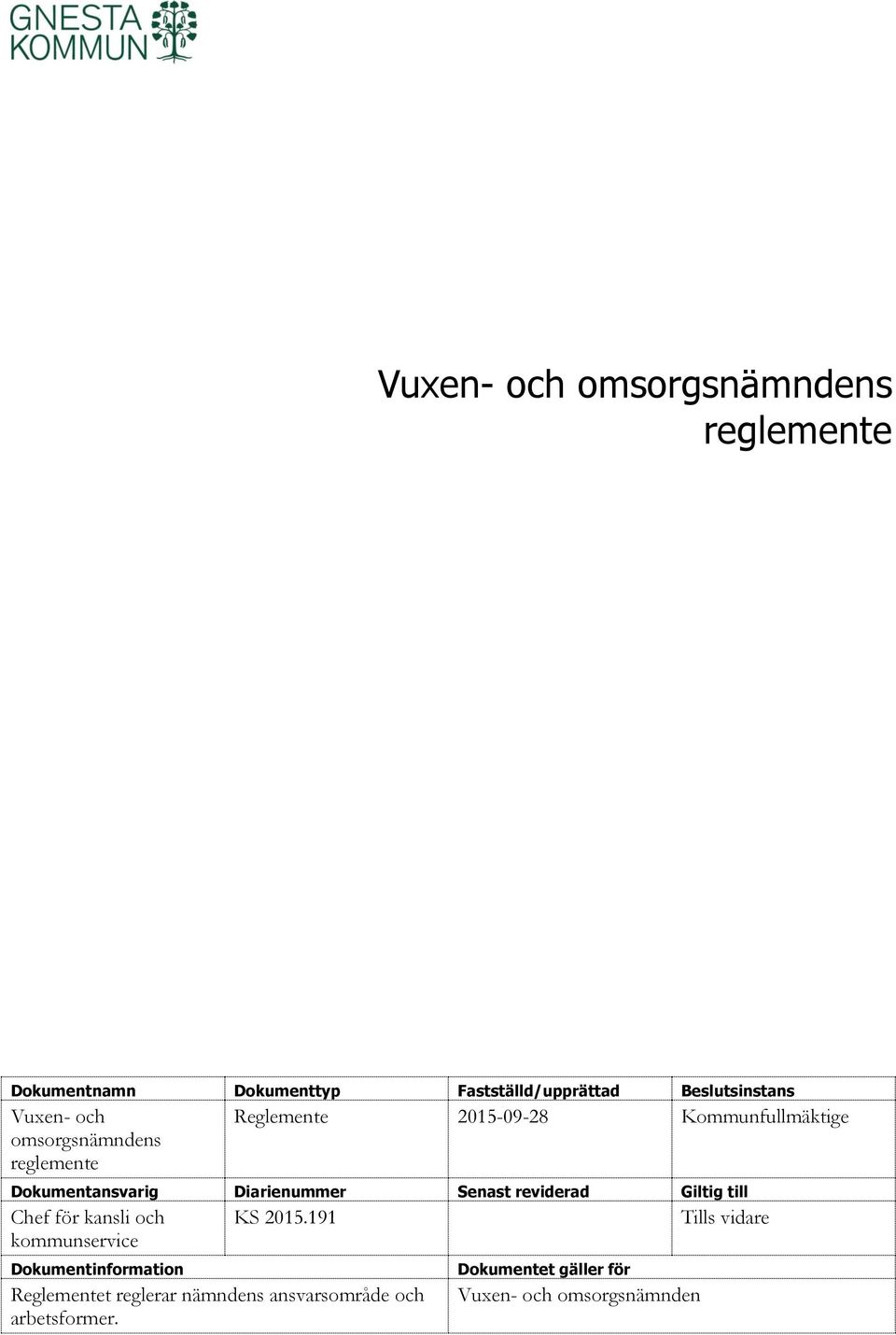Senast reviderad Giltig till Chef för kansli och kommunservice Dokumentinformation KS 2015.