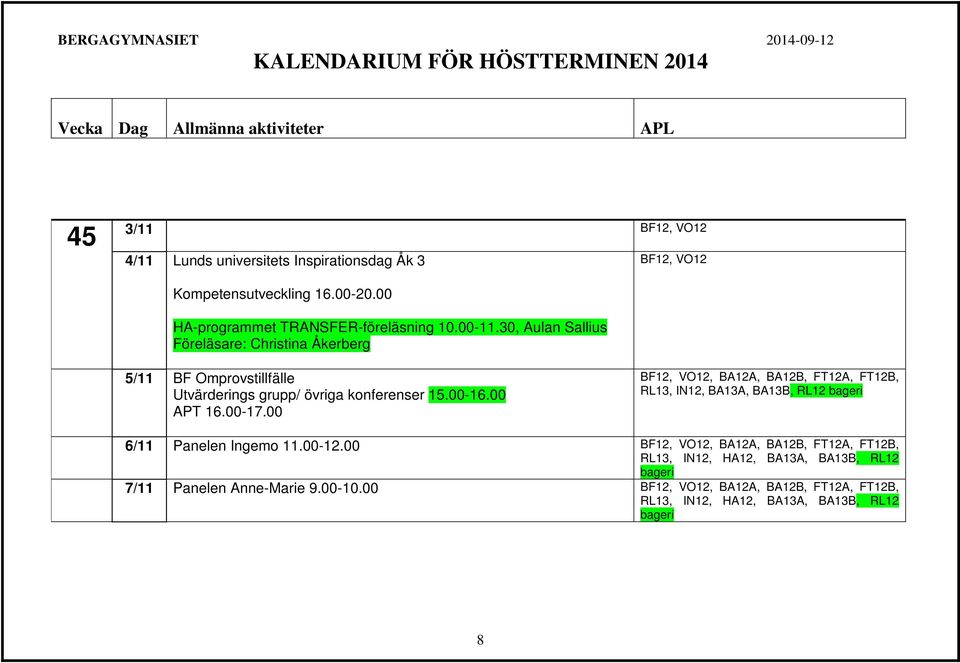 30, Aulan Sallius Föreläsare: Christina Åkerberg 5/11 BF Omprovstillfälle Utvärderings grupp/ övriga konferenser 15.00-16.