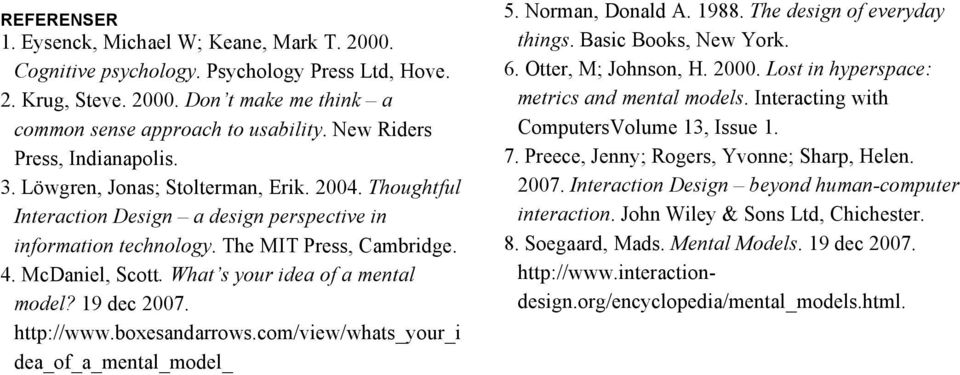 What s your idea of a mental model? 19 dec 2007. http://www.boxesandarrows.com/view/whats_your_i dea_of_a_mental_model_ 5. Norman, Donald A. 1988. The design of everyday things. Basic Books, New York.