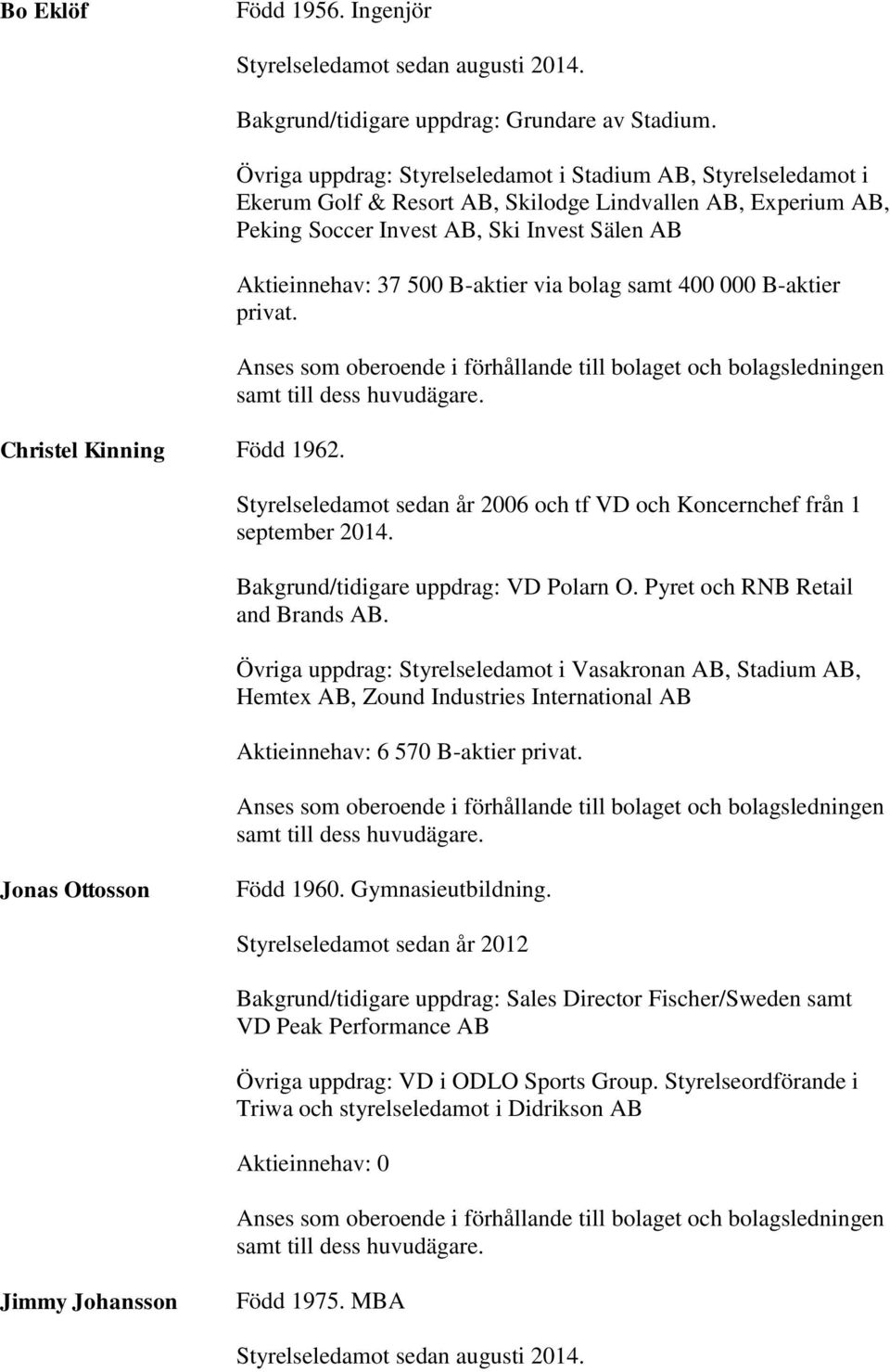 B-aktier via bolag samt 400 000 B-aktier privat. Styrelseledamot sedan år 2006 och tf VD och Koncernchef från 1 september 2014. Bakgrund/tidigare uppdrag: VD Polarn O.