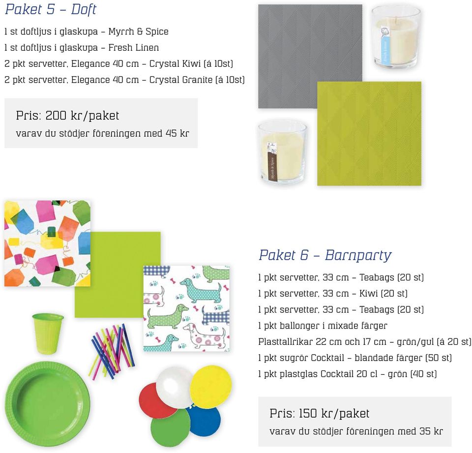 cm Kiwi (20 st) 1 pkt servetter, 33 cm Teabags (20 st) 1 pkt ballonger i mixade färger Plasttallrikar 22 cm och 17 cm grön/gul (á 20 st) 1