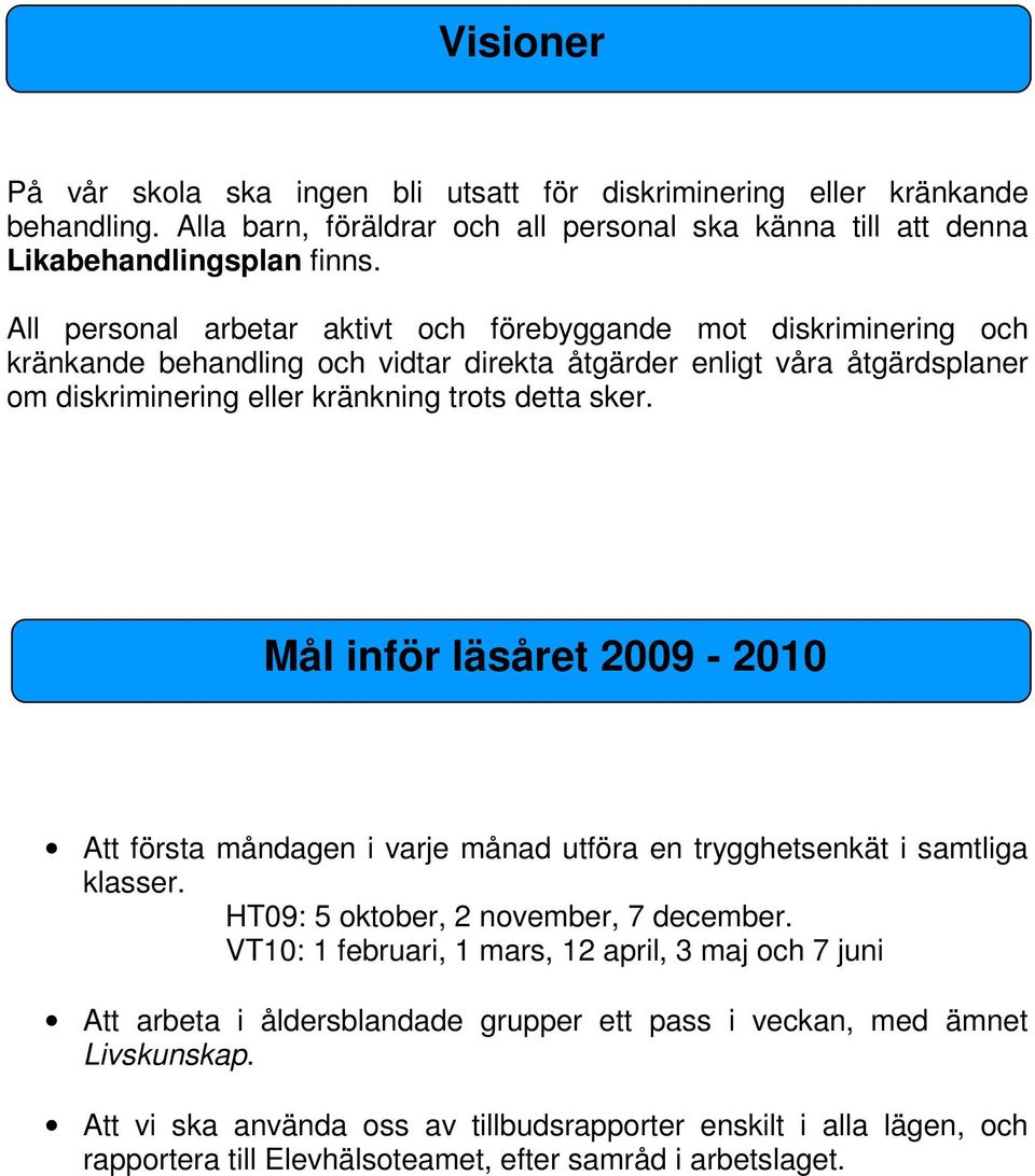 Mål inför läsåret 2009-2010 Att första måndagen i varje månad utföra en trygghetsenkät i samtliga klasser. HT09: 5 oktober, 2 november, 7 december.