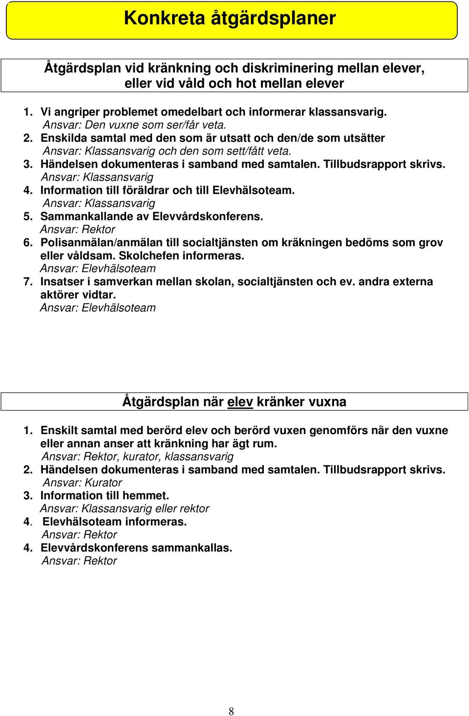 Tillbudsrapport skrivs. Ansvar: Klassansvarig 4. Information till föräldrar och till Elevhälsoteam. Ansvar: Klassansvarig 5. Sammankallande av Elevvårdskonferens. 6.