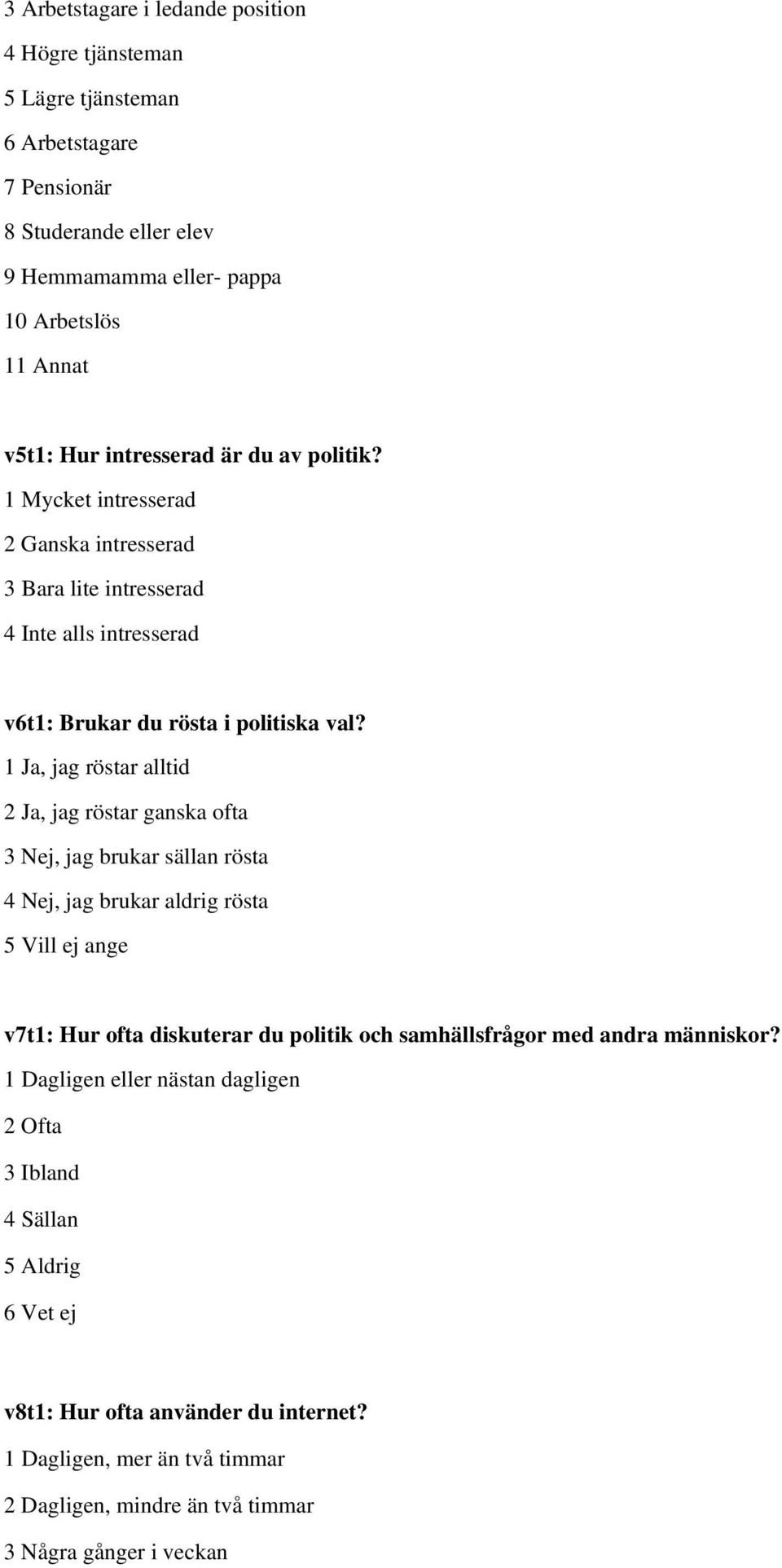 1 Ja, jag röstar alltid 2 Ja, jag röstar ganska ofta 3 Nej, jag brukar sällan rösta 4 Nej, jag brukar aldrig rösta 5 Vill ej ange v7t1: Hur ofta diskuterar du politik och samhällsfrågor