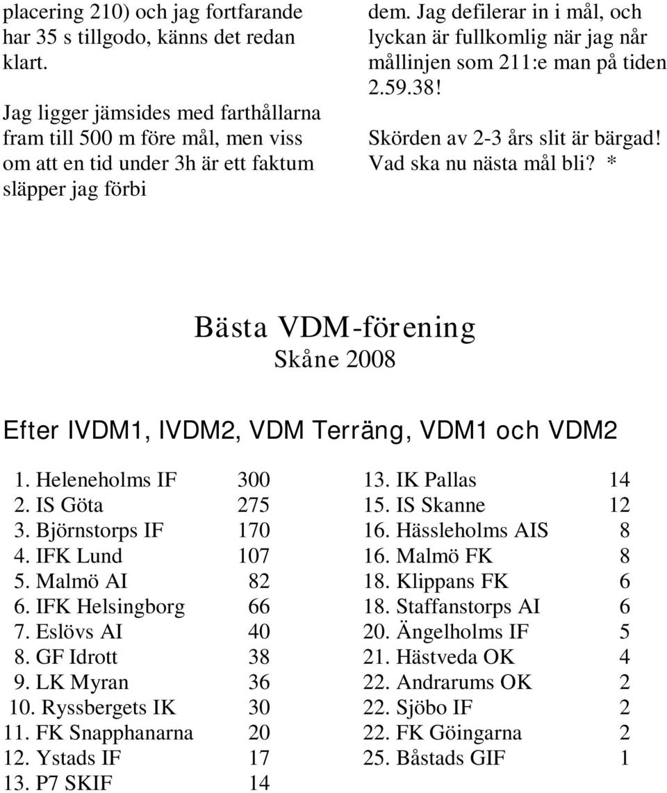 Jag defilerar in i mål, och lyckan är fullkomlig när jag når mållinjen som 211:e man på tiden 2.59.38! Skörden av 2-3 års slit är bärgad! Vad ska nu nästa mål bli?