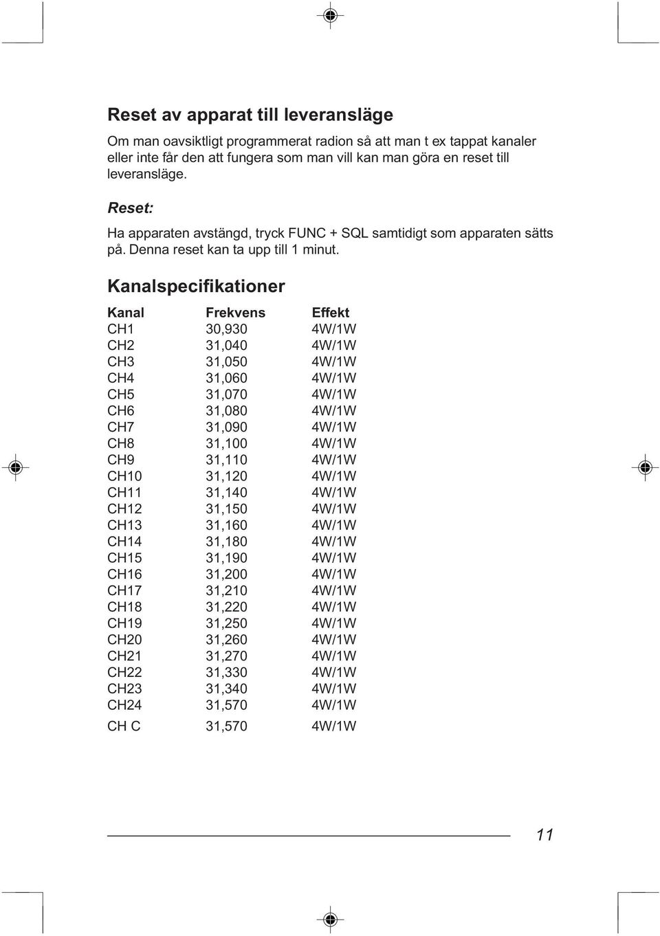 Kanalspecifikationer Kanal Frekvens Effekt CH1 30,930 4W/1W CH2 31,040 4W/1W CH3 31,050 4W/1W CH4 31,060 4W/1W CH5 31,070 4W/1W CH6 31,080 4W/1W CH7 31,090 4W/1W CH8 31,100 4W/1W CH9 31,110 4W/1W