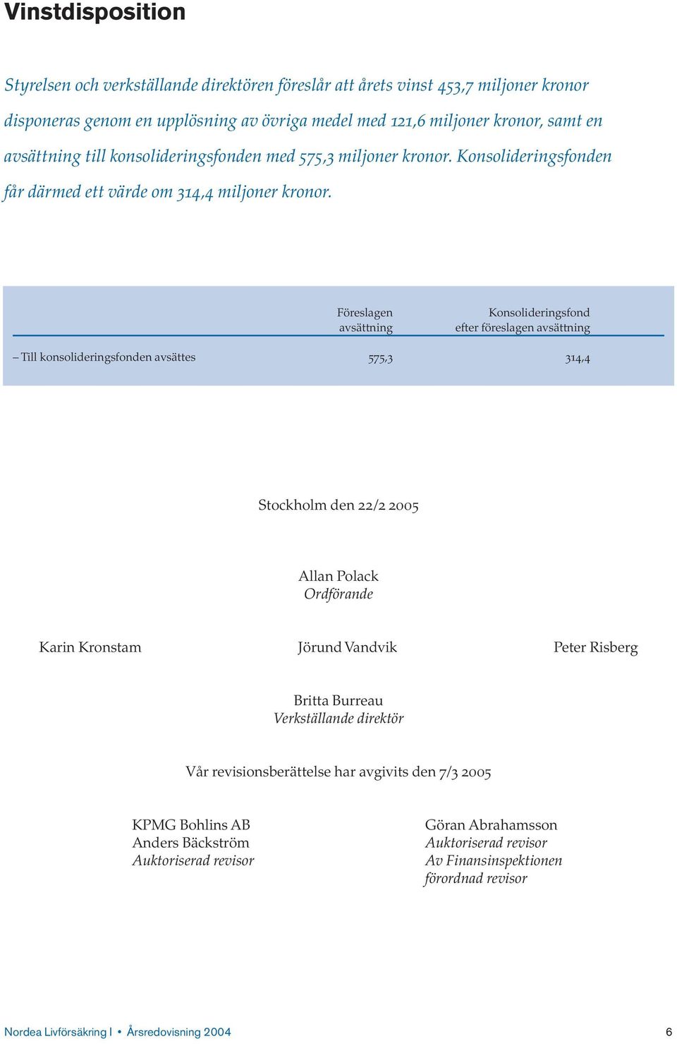 Föreslagen avsättning Konsolideringsfond efter föreslagen avsättning Till konsolideringsfonden avsättes 575,3 314,4 Stockholm den 22/2 2005 Allan Polack Ordförande Karin Kronstam Jörund Vandvik
