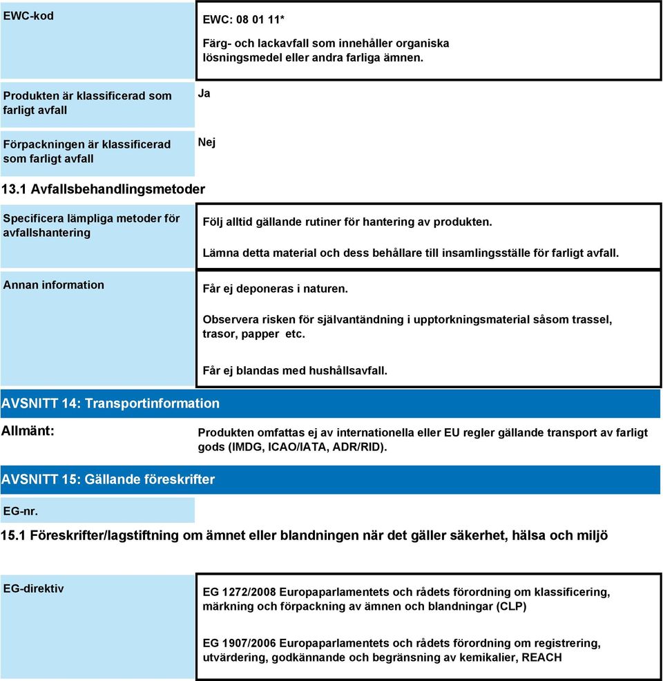 1 Avfallsbehandlingsmetoder Specificera lämpliga metoder för avfallshantering Annan information Följ alltid gällande rutiner för hantering av produkten.