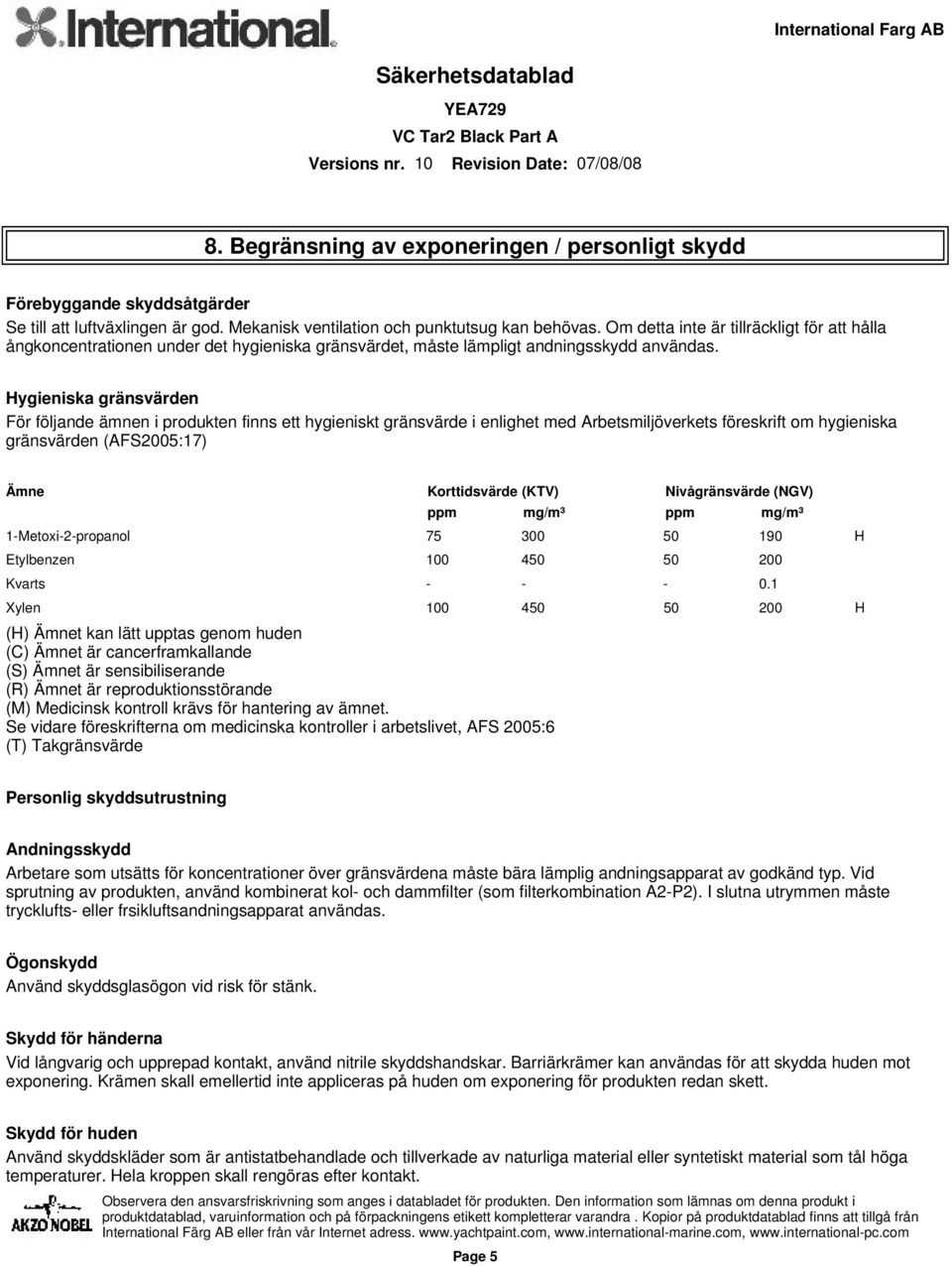 Hygieniska gränsvärden För följande ämnen i produkten finns ett hygieniskt gränsvärde i enlighet med Arbetsmiljöverkets föreskrift om hygieniska gränsvärden (AFS2005:17) Ämne Korttidsvärde (KTV)