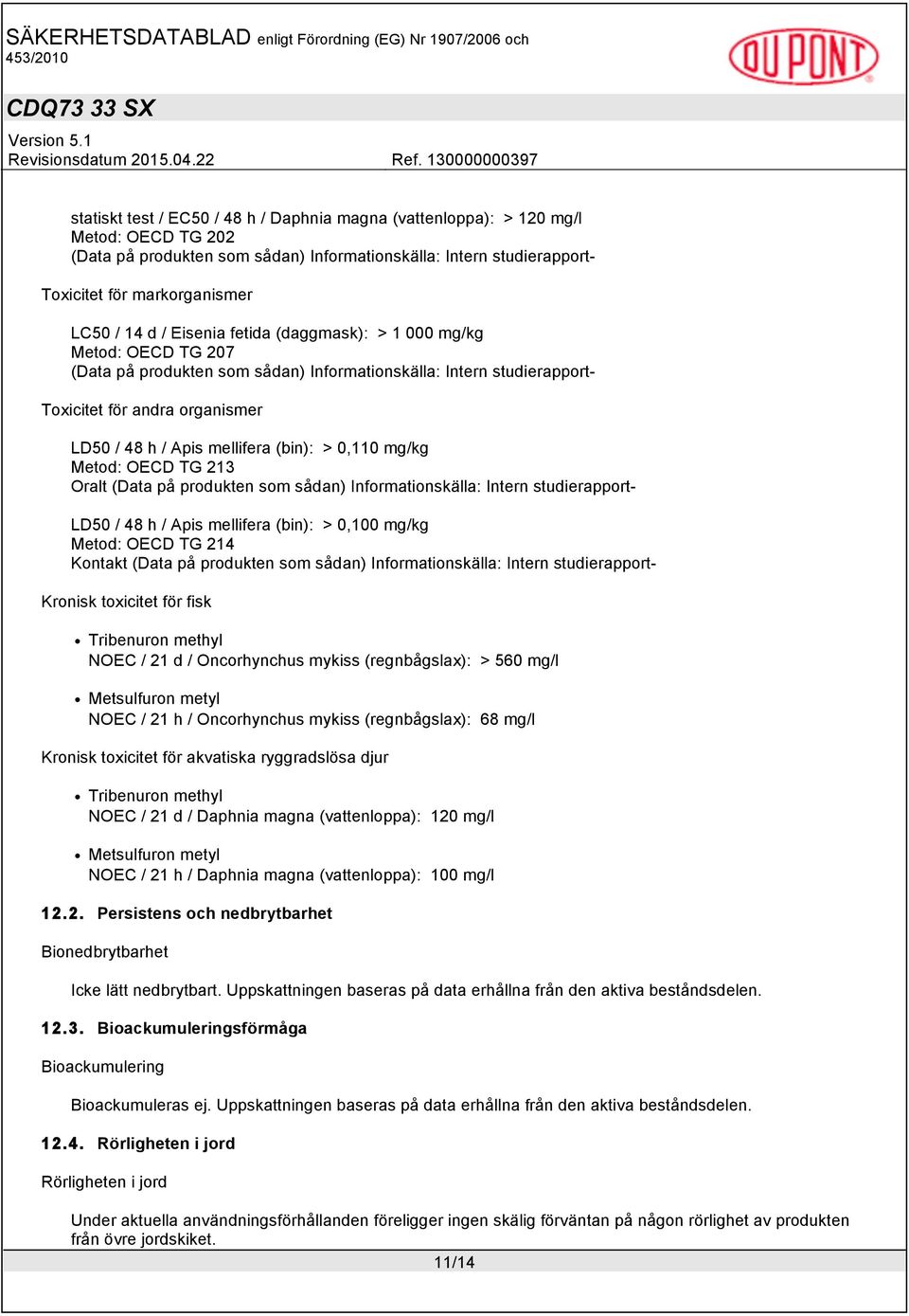toxicitet för fisk Tribenuron methyl NOEC / 21 d / Oncorhynchus mykiss (regnbågslax): > 560 mg/l Metsulfuron metyl NOEC / 21 h / Oncorhynchus mykiss (regnbågslax): 68 mg/l Kronisk toxicitet för