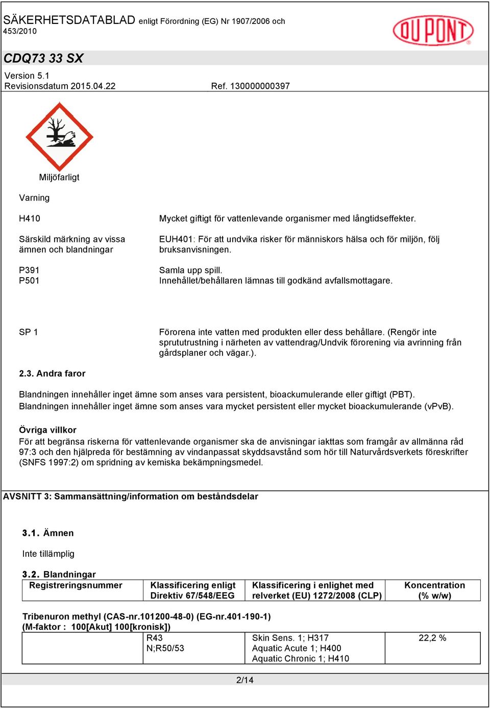 SP 1 Förorena inte vatten med produkten eller dess behållare. (Rengör inte sprututrustning i närheten av vattendrag/undvik förorening via avrinning från gårdsplaner och vägar.). 2.3.