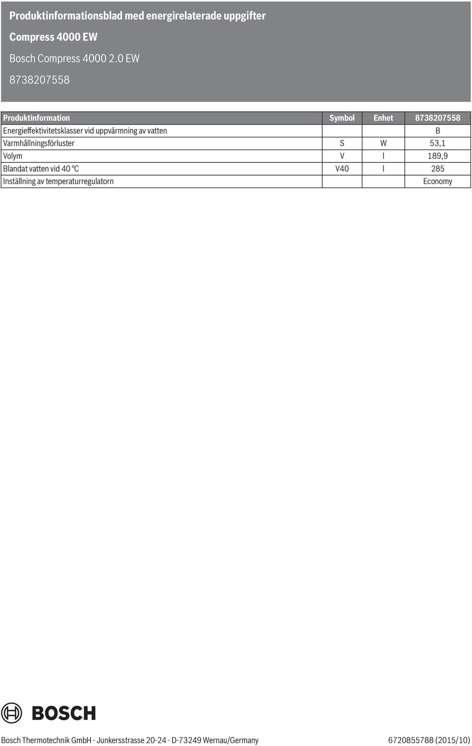 B Varmhållningsförluster S W 53,1 Volym V l 189,9