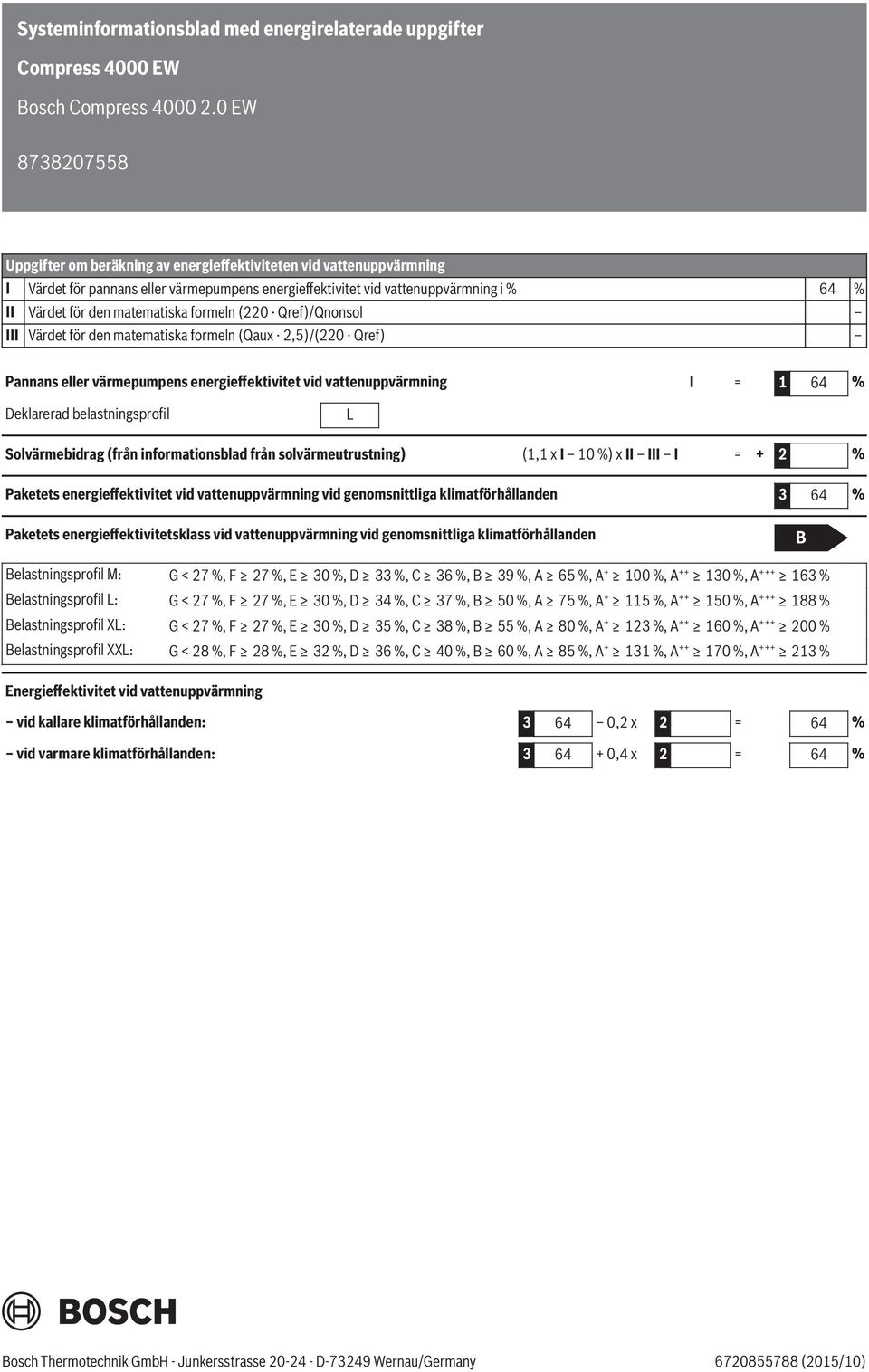 vattenuppvärmning I = 1 64 % Deklarerad belastningsprofil L Solvärmebidrag (från informationsblad från solvärmeutrustning) (1,1 x I 10 %) x II III I = + 2 % Paketets energieffektivitet vid