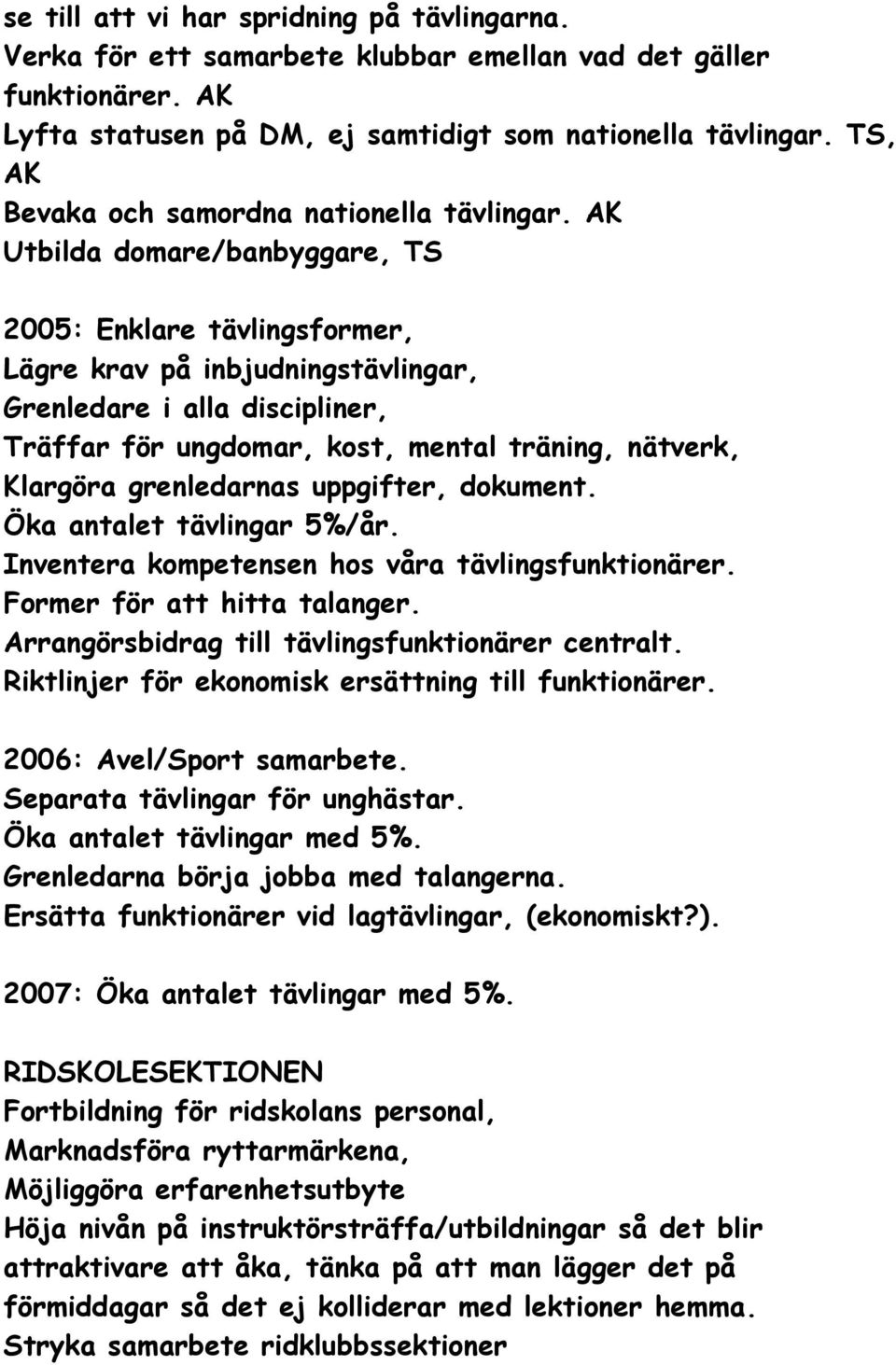 AK Utbilda domare/banbyggare, TS 2005: Enklare tävlingsformer, Lägre krav på inbjudningstävlingar, Grenledare i alla discipliner, Träffar för ungdomar, kost, mental träning, nätverk, Klargöra