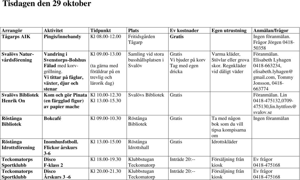 Vi tittar på fåglar, växter, djur och stenar Kom och gör Pinata (en färgglad figur) av papier mache Kl 09.00-13.00 (ta gärna med föräldrar på en trevlig och lärorik dag) Kl 10.00-12.30 Kl 13.00-15.