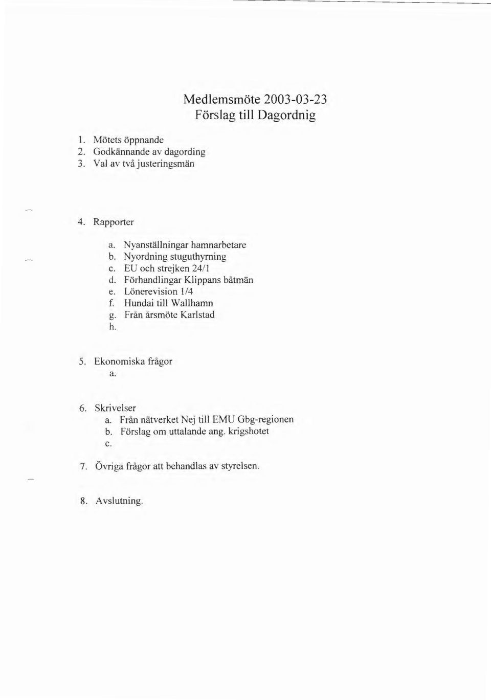 Lönerevision I /4 f. Hundai till Wallharnn g. Från årsmöte Karlstad h. 5. Ekonomiska frågor a. 6. krivelser a.