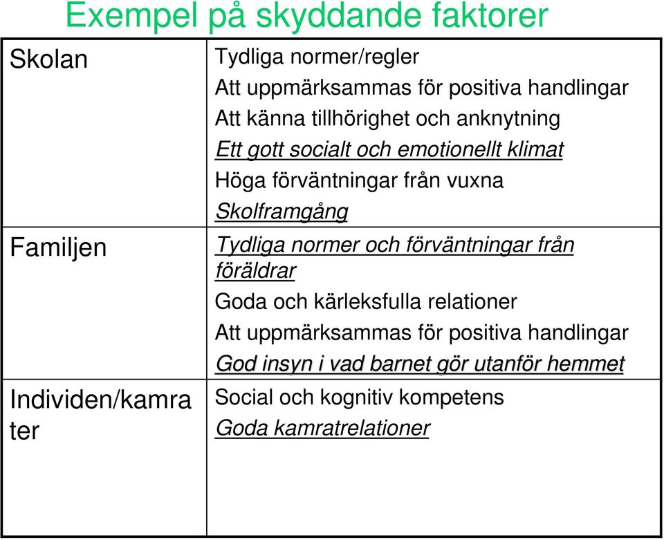 Skolframgång Tydliga normer och förväntningar från föräldrar Goda och kärleksfulla relationer Att uppmärksammas för