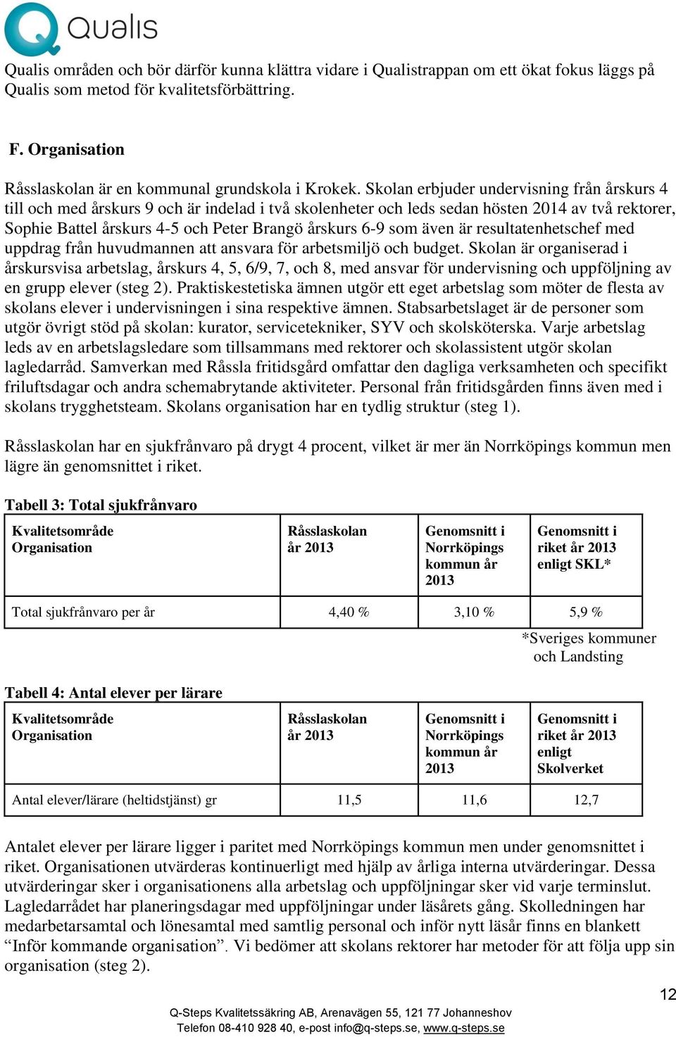 Skolan erbjuder undervisning från årskurs 4 till och med årskurs 9 och är indelad i två skolenheter och leds sedan hösten 2014 av två rektorer, Sophie Battel årskurs 4-5 och Peter Brangö årskurs 6-9