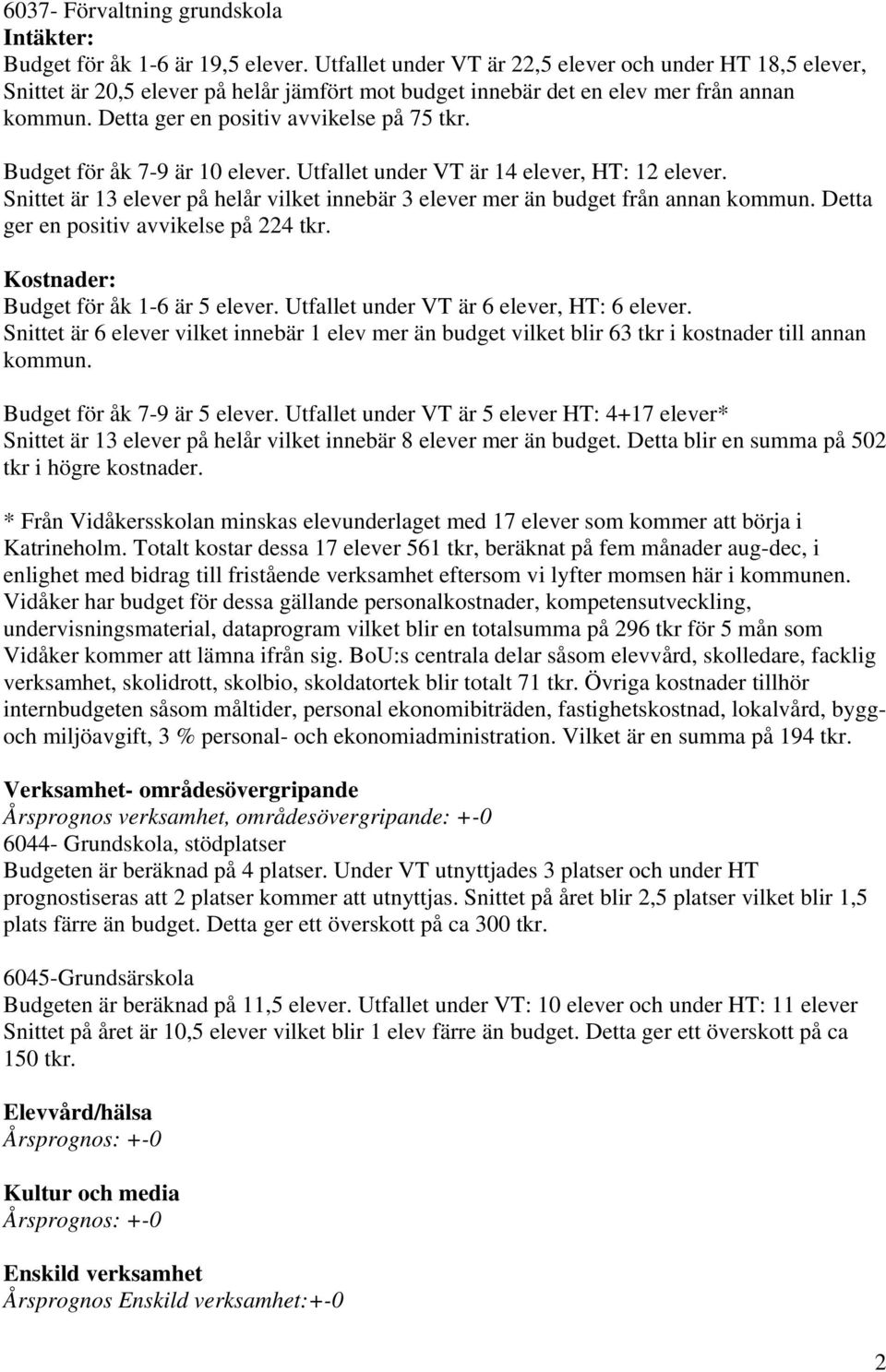 Budget för åk 7-9 är 10 elever. Utfallet under VT är 14 elever, HT: 12 elever. Snittet är 13 elever på helår vilket innebär 3 elever mer än budget från annan kommun.