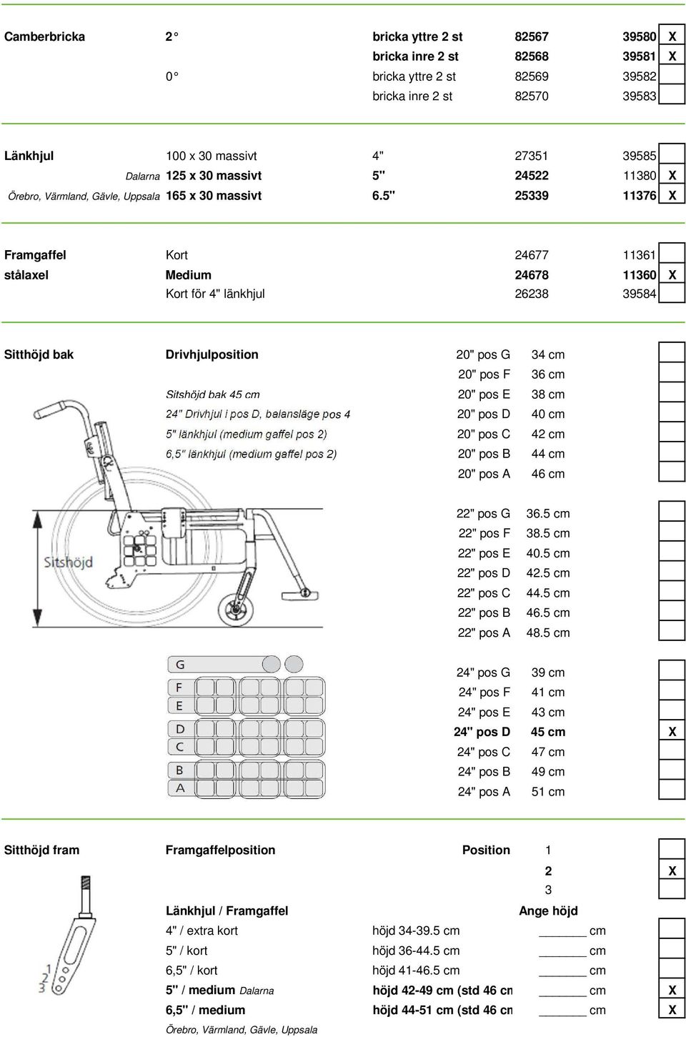 5" 25339 11376 X Framgaffel Kort 24677 11361 stålaxel Medium 24678 11360 X Kort för 4" länkhjul 26238 39584 Sitthöjd bak Drivhjulposition 20" pos G 34 cm 20" pos F 36 cm Sitshöjd bak 45 cm 20" pos E