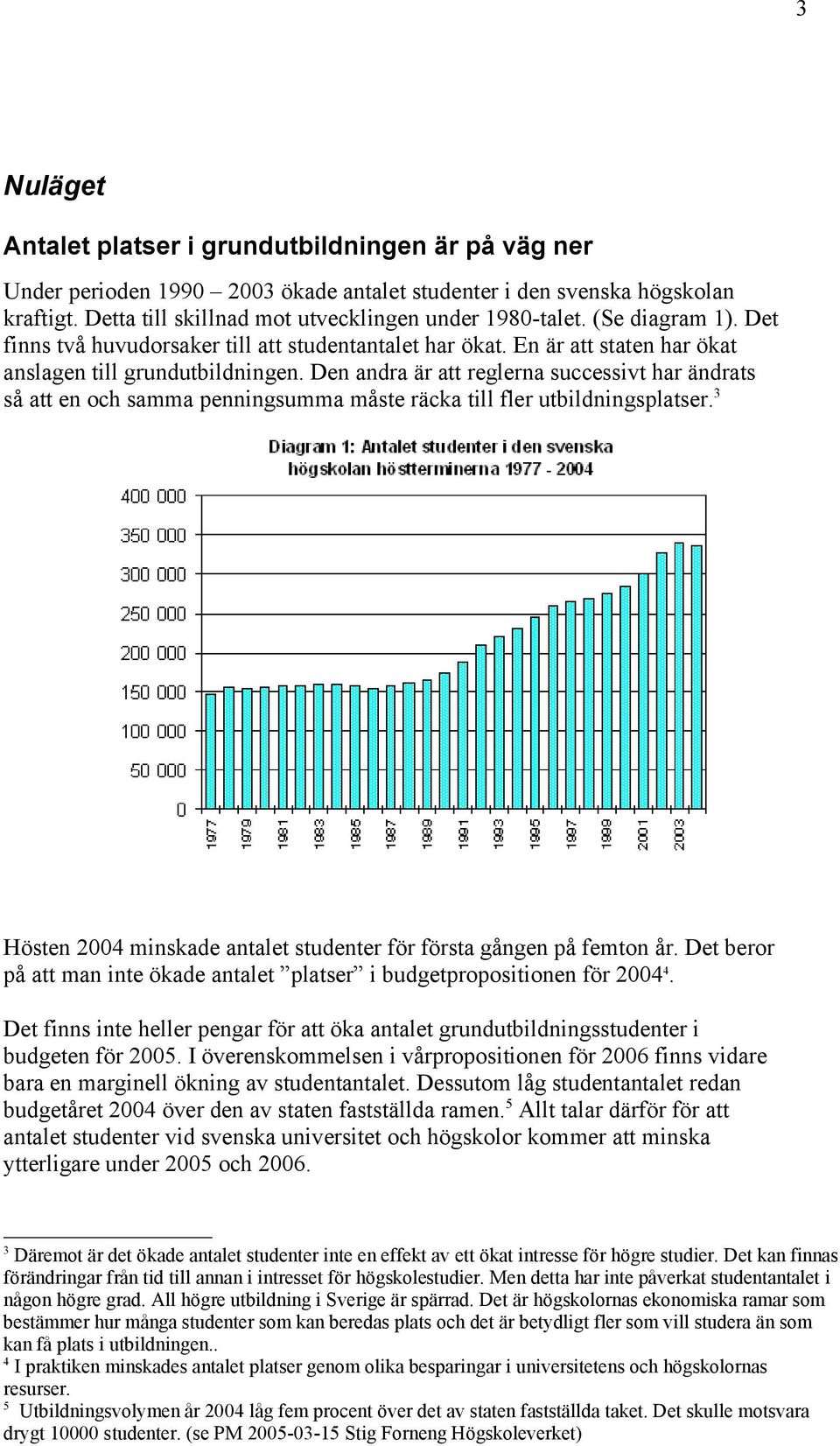 Den andra är att reglerna successivt har ändrats så att en och samma penningsumma måste räcka till fler utbildningsplatser. 3 Hösten 2004 minskade antalet studenter för första gången på femton år.