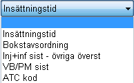 För varje listbox kan valet stigande/fallande göras via radioknappar. Varje box har 6 alternativ 1. Tomt val 2. Insättningstid 3. Bokstavsordning 4. Inj+inf sist - övriga överst 5. VB/PM sist 6.