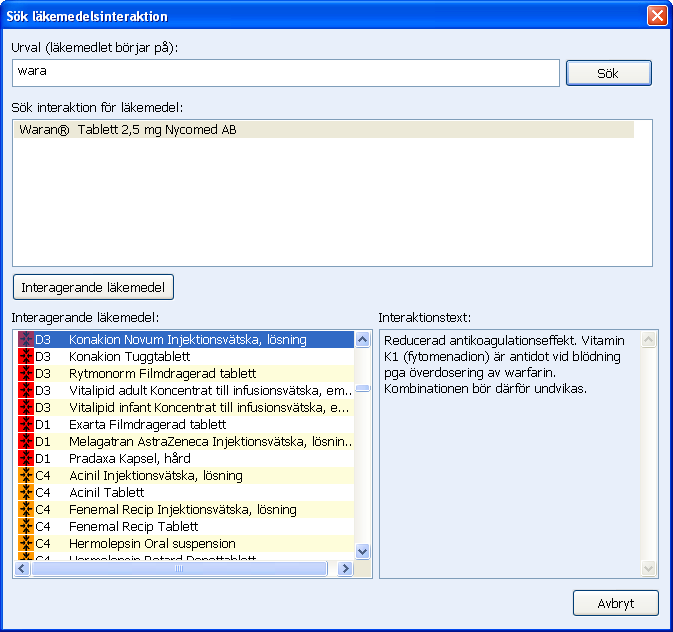 Läs interaktionstext Det finns en koppling till interaktionsregistret direkt från sökfunktionen i läkemedelsmodulen. 1. Sök fram läkemedlet via Ny ordination i Aktuella ordinationer.