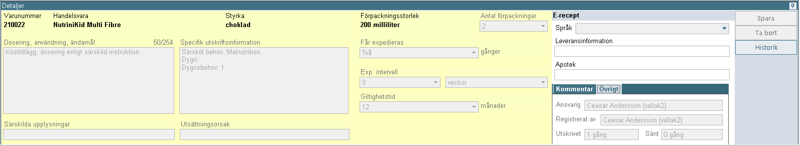 3. När man väljer Skriv ut för livsmedel visas i nästa steg dialogrutan Livsmedel (en för varje livsmedel), där några uppgifter (se bild nedan) behöver fyllas i för att de ska komma med på