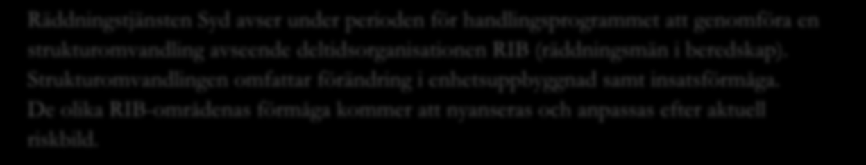Räddningstjänsten Syd avser under perioden för handlingsprogrammet att genomföra en strukturomvandling avseende deltidsorganisationen RIB (räddningsmän i beredskap).