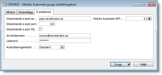 Gå till Matriks Automate i huvudmenyn. Välj Inställning Grupp. Notera att man kan ha många grupper såsom ORDER, EKONOMI, INKÖP mfl.