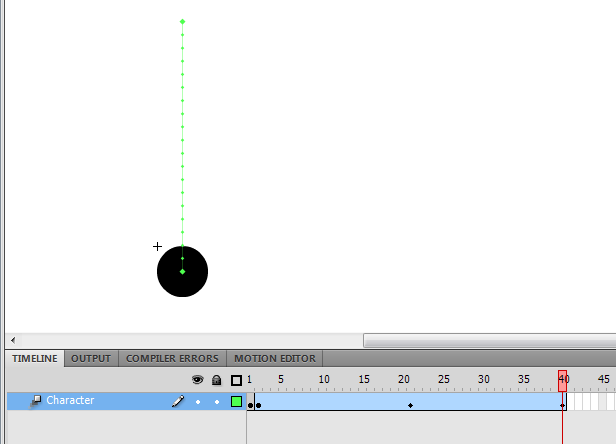 Ett enkelt sätt att skapa en figur som hoppar vid en knapptryckning är följande: 1. Skapa ett Movie Clip med en figur som är stillastående på frame 1, och från och med frame 2 animeras hoppande (t.ex.
