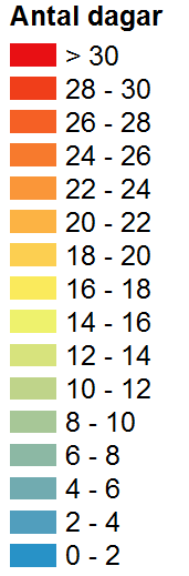 4.8 Värmebölja Observerat 1961-1990 Värmebölja är vanligen ett begrepp för en längre period med höga dagstemperaturer.