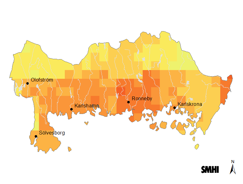 4.10 Graddagar för kylning Observerat 1961-1990 Graddagar för kylning är summan av hela årets dygnsmedeltemperaturer över 20 C.