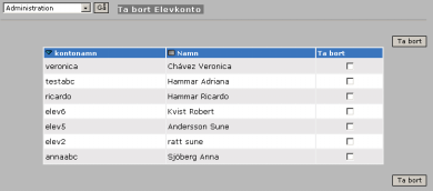 1.2.2 Ta bort elevkonto Här får man upp en lista över alla elever. För att ta bort en elev: Markera den elev som ska tas bort genom att klicka i Ta bort rutan, tryck sedan på knappen Ta bort.