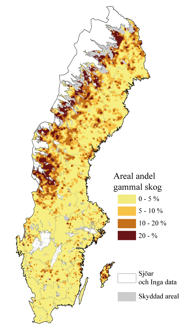 Andel gammal skog Figur 5.10. Andel gammal skog av total produktiv skogsmarksareal, procent. 2004-2008. Produktiv skogsmark utanför 2006 års reservatsgränser.