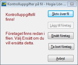 KU-fil för flera företag Det går att skapa kontrolluppgifter för flera företag i samma fil. Skriv över fil innebär att alla tidigare kontrolluppgifter på den valda sökvägen skrivs över.