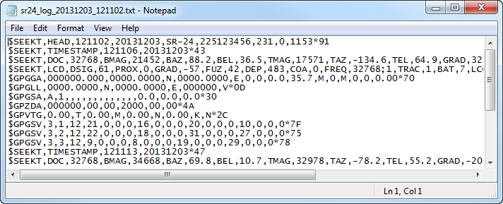 Loggad data innehåller en SeekTech Tråd-identifierare eller NMEA-identifieringsprefix, en Grupperings-identifierare, en data-abbreviation och värdet av informationen uppmätt av SR 24.