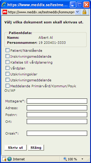 16 Utskrifter Gå till patientöversikten via huvudmenyn och visa aktuell patient. I patientöversikten kan man se alla vårdtillfällen som en egen rad med en ruta till vänster om raden.